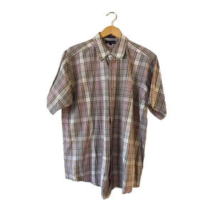 Grant Thomas Size L Men's Plaid Short Sleeve Button-Down Shirt Gray Purple Multi